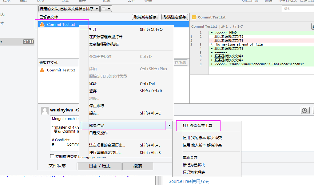 《SourceTree使用方法（拉取、提交、推送、获取、冲突解决、分支管理）》